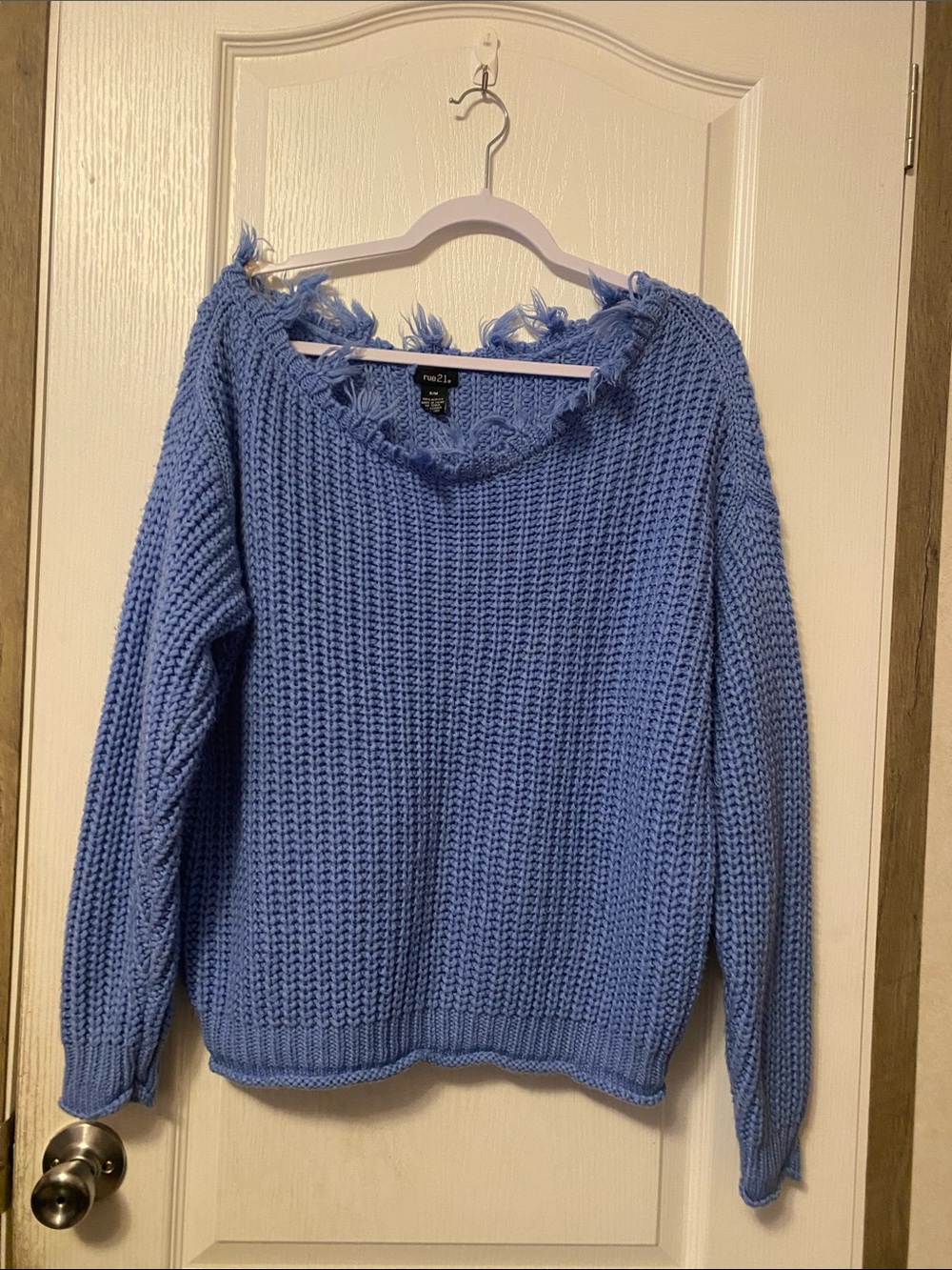 rue21 Distressed Frayed V-Neck Knit Sweater Blue S/M